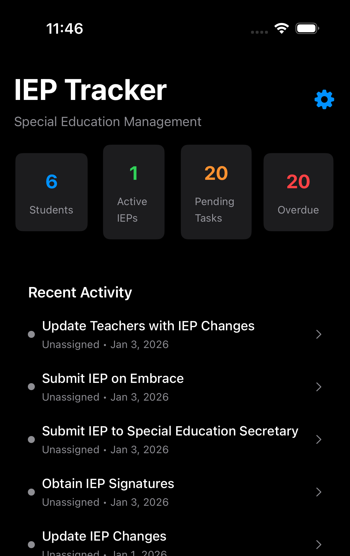 IEP Tracker mobile dashboard showing students, active IEPs, and pending tasks